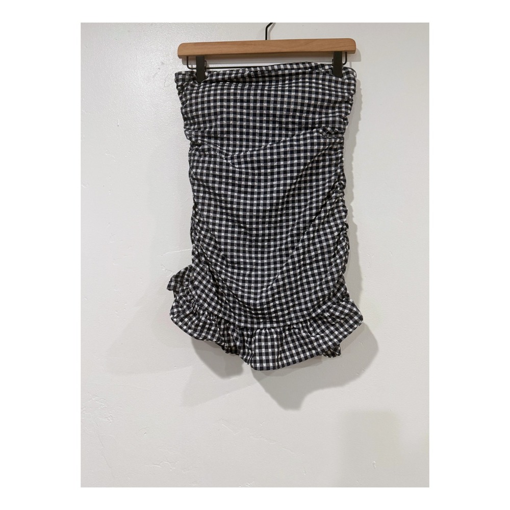 J.Crew Re-Imagined Gingham Ruched Strapless One Piece Swimsuit Black White 8